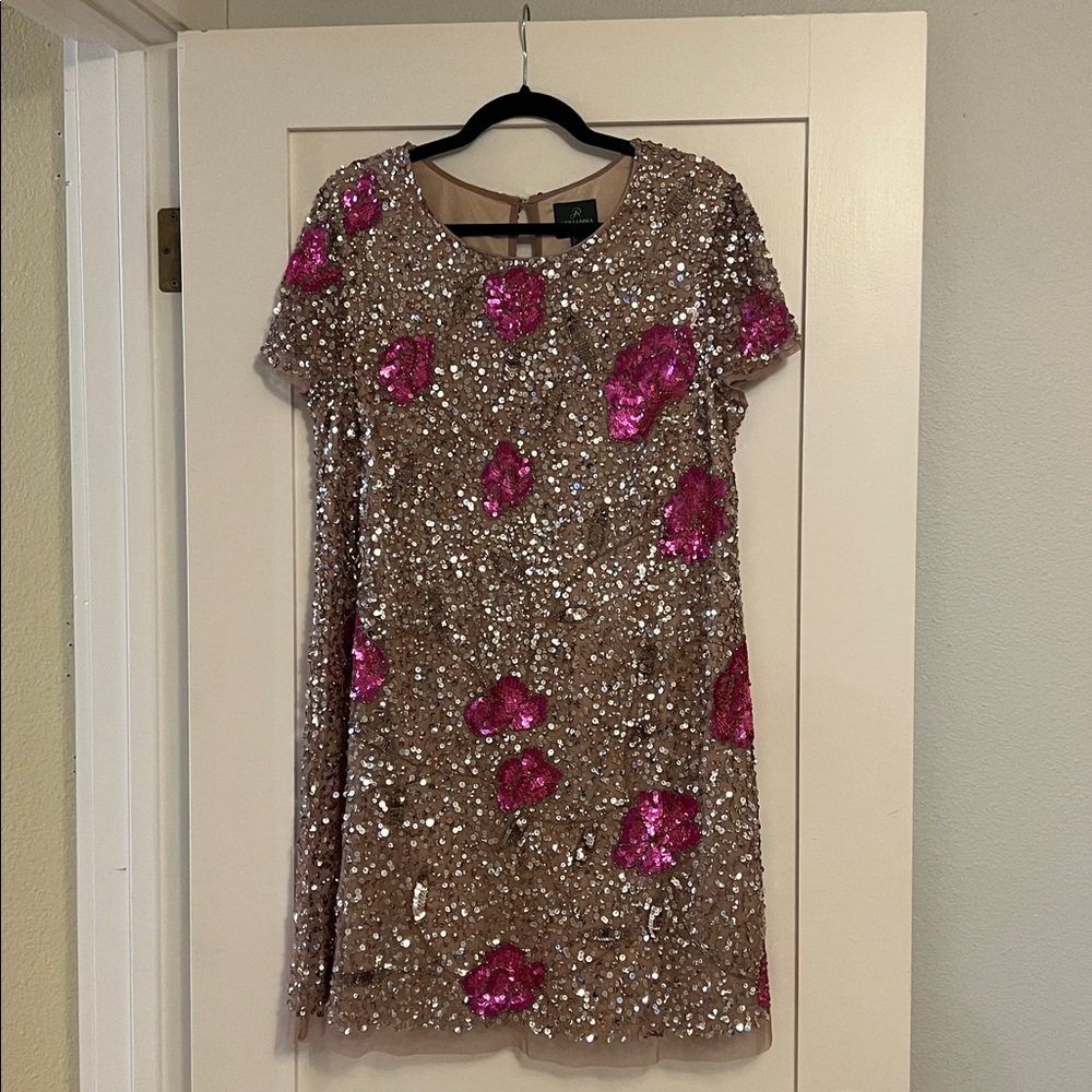 Adrianna Papell Sequin Dress with Pink and Silver Accents